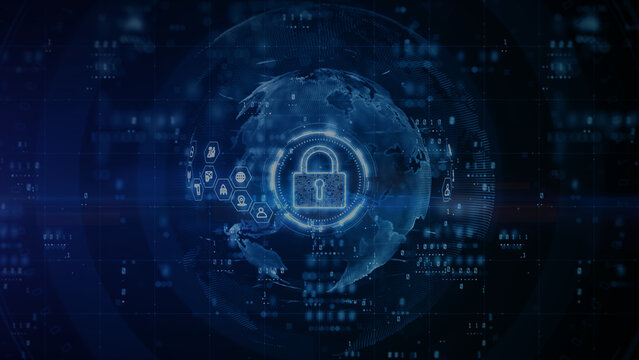 Digital security concept with a glowing padlock icon over a global network