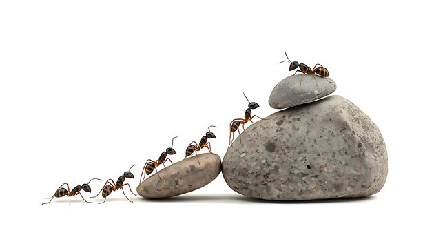 Ants climbing over rocks on an upward path, teamwork and challenge concept, isolated on white background