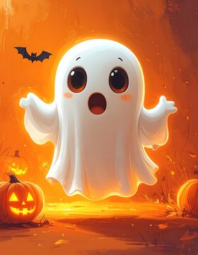 A cartoon ghost with a shocked expression floats amidst jack-o-lanterns