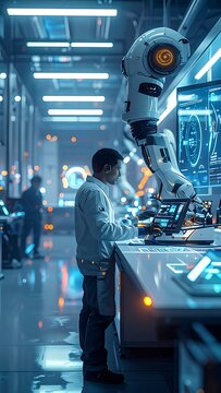 A man interacts with a large robotic arm in a futuristic lab