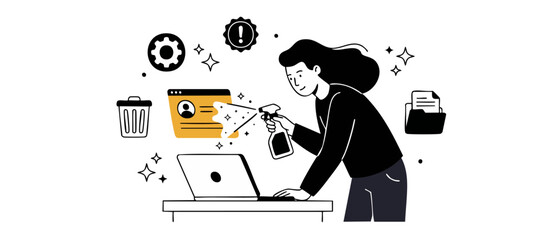 Data cleaning digital hygiene woman sprays computer laptop screen to clear database cache and protect personal privacy vector line art illustration for technology optimization and security maintenance © Dinali