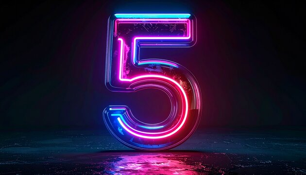 A brightly lit neon number five glows in a dark room with a reflective surface.