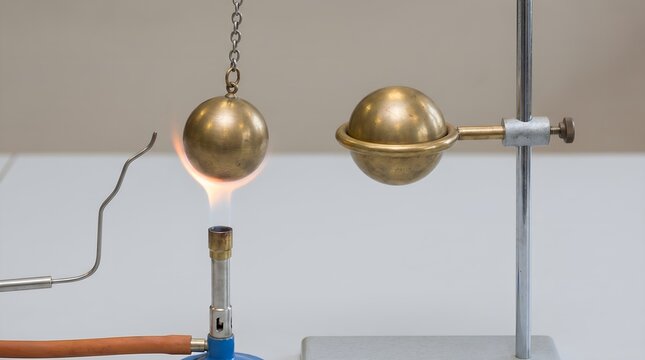 Thermal Expansion Experiment with Brass Spheres and Bunsen Burner in Physics Lab