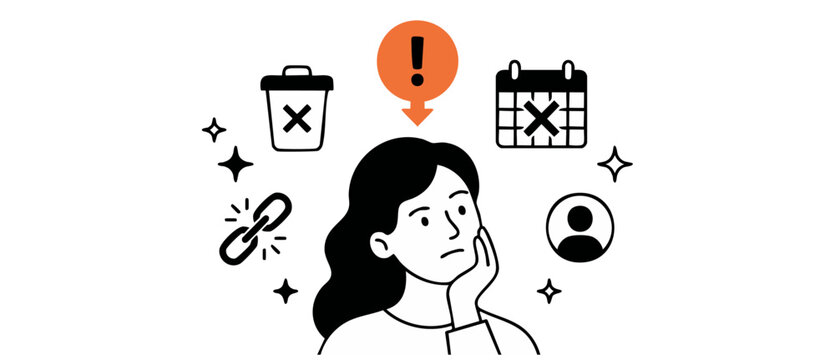 Woman deleting social media account and personal data online vector illustration, thinking about digital detox, cancelling subscription, broken link, internet privacy concept. Flat design.