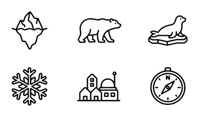 Arctic Icons Set: Polar Bear, Iceberg, Seal, Snowflake, Compass, Buildings Vector Graphics © Shahida