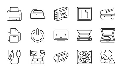 Fototapeta premium Office Technology Icons: Printers, Scanners, Ink Cartridges, USB, Network, Computer Hardware