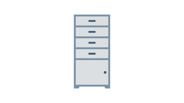 Tall light gray cabinet with five drawers and one door, isolated on white background