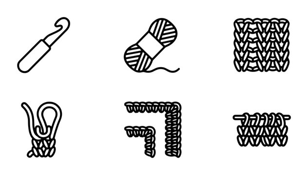 Crochet and Knitting Icons: Yarn, Hooks, Stitches, Crafting Tools, Handmade Textile Art