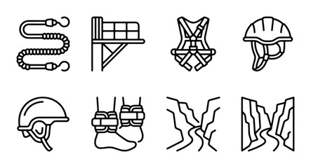 Adventure Activity Icons: Zipline, Harness, Helmet, Canyons, Bungee Gear, Vector Set © Shahida