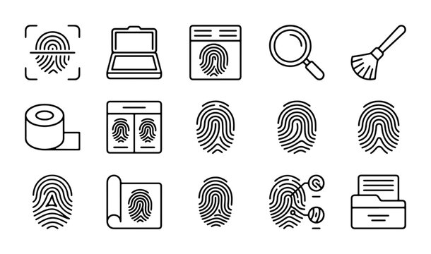 Fingerprint Icons Set, Forensic Evidence Collection, Criminal Investigation Symbols Vector