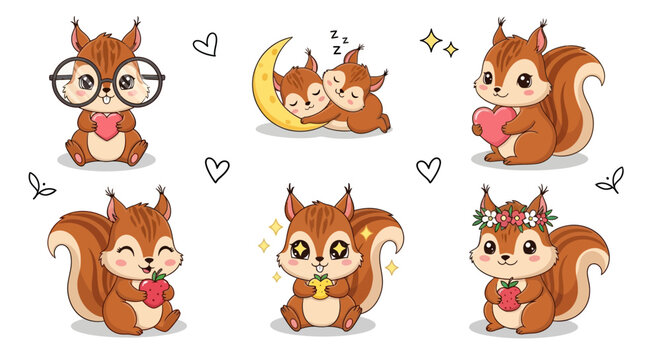 Cute Cartoon Squirrel Set with Fruits and Hearts