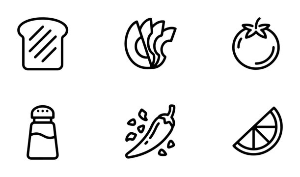 Avocado Toast Ingredients Icons, Healthy Breakfast Food Vector Set, Simple Line Art Graphics