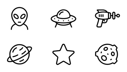 Space Icons: Alien, UFO, Ray Gun, Planet, Star, Asteroid Set © Sujon