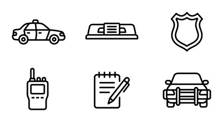 Police Icons Set: Patrol Car, Badge, Radio, Notebook, Vehicle Front, Light Bar © Sujon