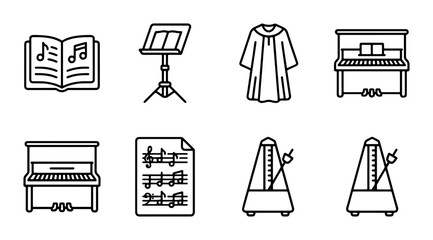Music Icons Set: Sheet Music, Pianos, Choir Robe, Metronomes, Stand © Sujon
