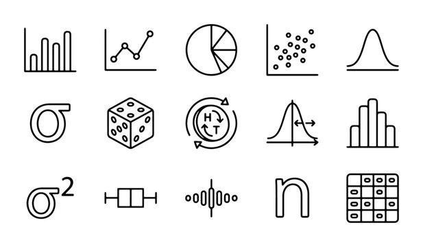 Statistical Icons Set, Data Analysis Graphics, Probability Symbols, Vector Charts, Research Elements