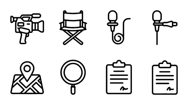 Film Production Icons: Camera, Director's Chair, Microphones, Map, Search, Clipboard Set
