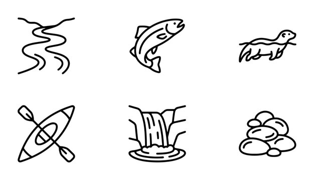 River Icons Set: Kayak, Jumping Fish, Otter, Waterfall, Rocks, Water Flow