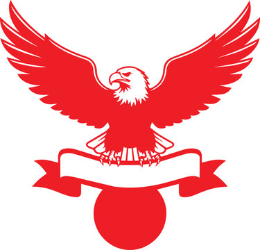 Red eagle with outstretched wings holding a white banner against a red circle symbolizing strength and freedom
