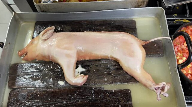 Chef salting a suckling pig before roasting