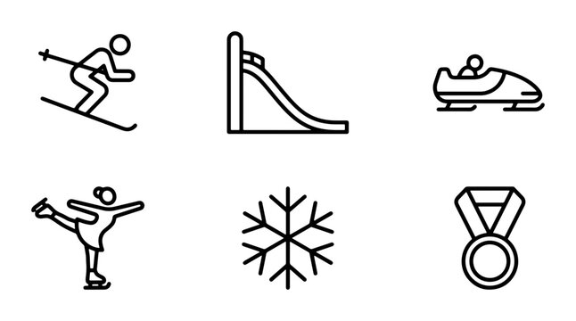 Winter Sports Icons Set: Skiing, Bobsled, Ice Skating, Snowflake, Medal, Slide