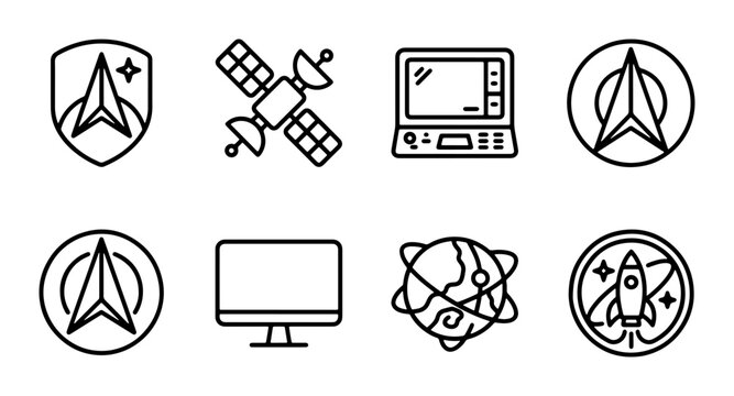 Space Exploration Icons: Rocket, Satellite, Planet, Laptop, Monitor, Emblem Set
