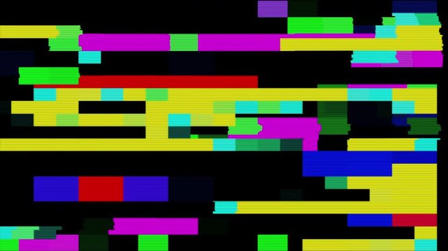 Vibrant colorful VHS glitch background with multicolored static blocks and abstract corrupted signal patterns. Suitable for tech concepts, digital art, and web design projects.