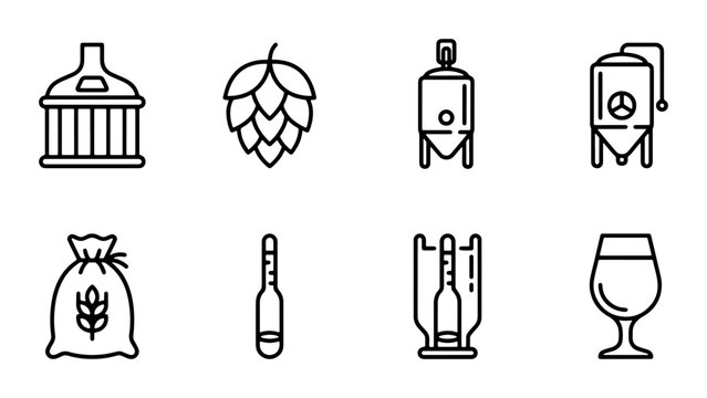 Brewing Icons Set: Hop, Grain, Fermentation Tanks, Bottles, Glassware, Vector Graphics