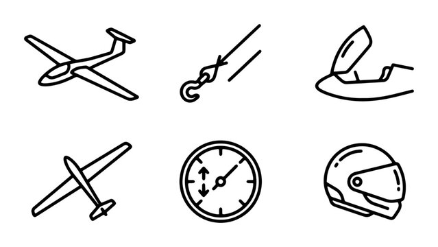 Aircraft and Aviation Icons: Glider, Tow Hook, Cockpit, Stopwatch, Helmet, Vector Set
