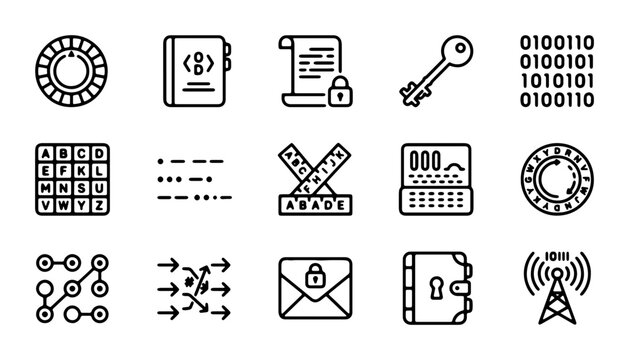 Cyber Security Icons: Digital Lock, Key, Binary Code, Encryption, Data Protection Icons