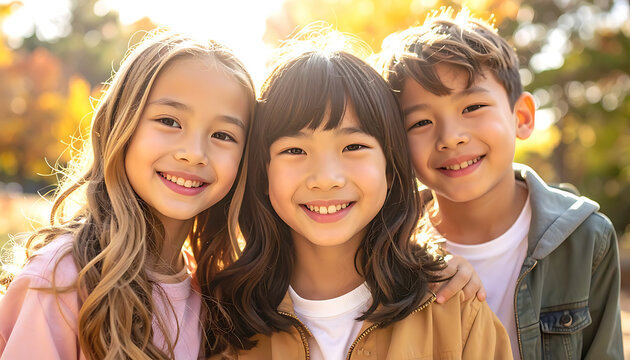 Three smiling young asian children in warm outdoor autumn light, happy siblings outdoor portrait, golden hour sunshine, blurred trees background