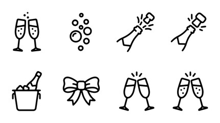 Champagne Celebration Icons: Toasting Glasses, Bubbles, Bottle Popping, Ice Bucket, Bow Tie © Jim