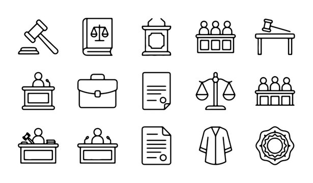 Law Icons Set: Gavel, Scales, Judge, Courtroom, Document, Briefcase, Robe, Seal