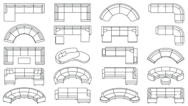 A collection of top-down floor plan illustrations showcases various sectional sofa designs, ranging from straight configurations to curved and L-shaped arrangements. CAD Blocks Icon Sheet Vector