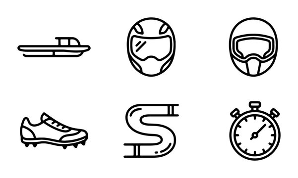 Sports Icons: Bobsled, Helmets, Cleats, Track, Stopwatch, Vector Graphics