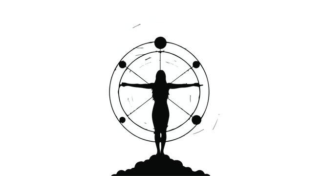 Silhouette of a person with arms outstretched within a celestial circle, representing cosmic connection and balance.