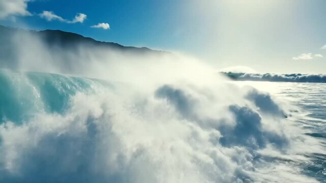 Epic ocean wave crashing near the coast with foamy white water under a bright sun and blue sky
