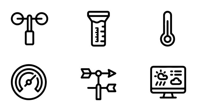Weather Icons Set: Anemometer, Rain Gauge, Thermometer, Barometer, Wind Vane, Forecast Display
