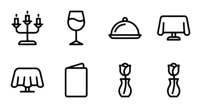 Elegant Dining Icons Set: Candelabra, Wine Glass, Cloche, Tablecloths, Menu, Rose Vases