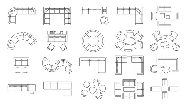 An architectural top-down blueprint displays a variety of sectional sofa configurations, perfect for interior design inspiration. CAD Blocks Icon Sheet Vector