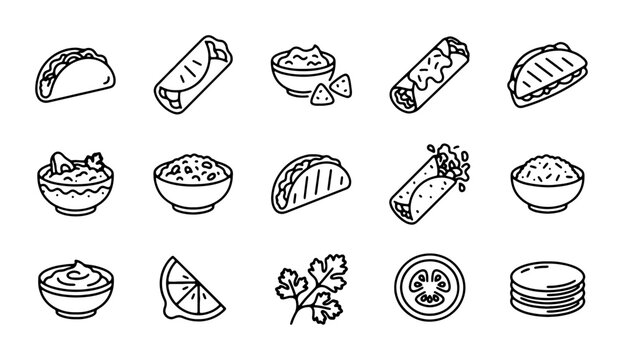 Mexican Food Icons Set, Taco Burrito Guacamole, Simple Line Art Vector Graphics