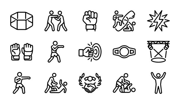 15 Fighting Sports Icons, Combat Sports Vector Graphics, Martial Arts Symbols, Boxing, MMA, Wrestling