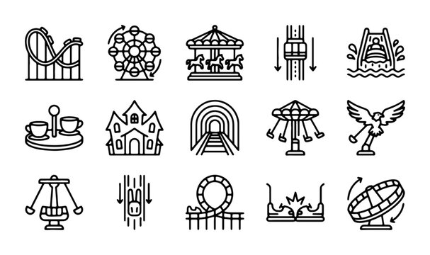 Amusement Park Icons Set: Thrill Rides, Carousel, Roller Coaster, Ferris Wheel, Vector Graphics