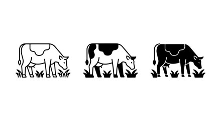 Fototapeta premium Cow Icons Set: Livestock Grazing in Grass, Farm Animal Vector Graphics, Agricultural Symbols, Black and White Outline, Silhouette