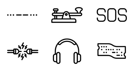 Morse Code Icons Set: SOS, Telegraph, Headphones, Connection, Communication Symbols © Monir
