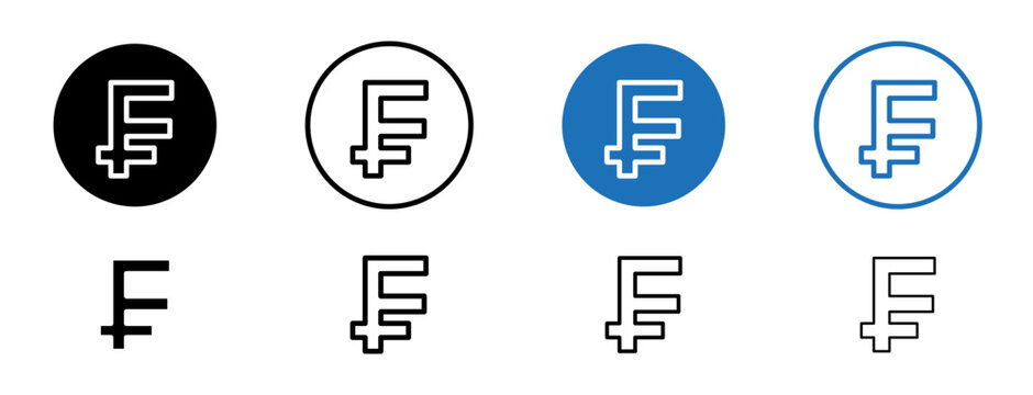 Swiss franc currency icons set in black and blue colors on white background