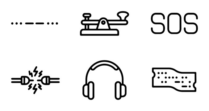 Morse Code Icons Set: SOS, Telegraph, Headphones, Connection, Communication Symbols