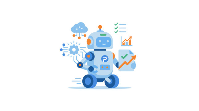 Friendly robot with gears, charts, and cloud for AI, automation, and data analysis concepts
