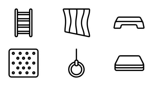 Fitness Equipment Icons: Step Platform, Ladder, Rings, Mat, Aerobics, Gym Gear