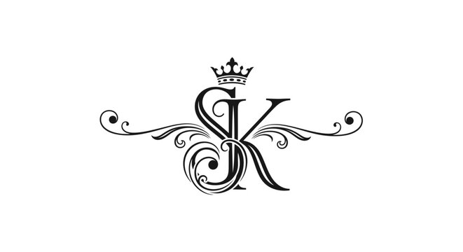 Elegant black S K monogram with crown and flourishes